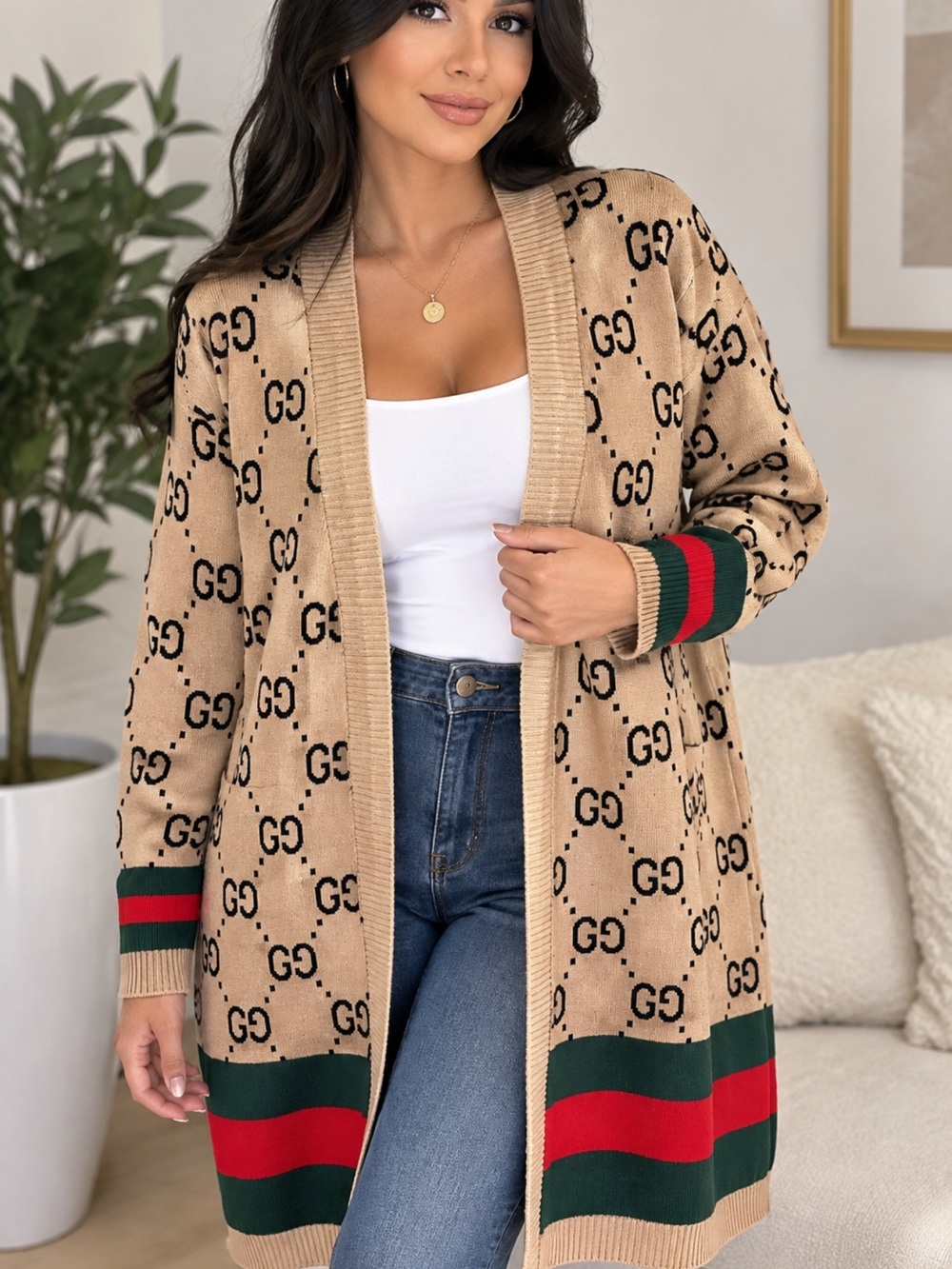 New FASHION Beige Patterned Open-Front Women’s Cardigan Sweater